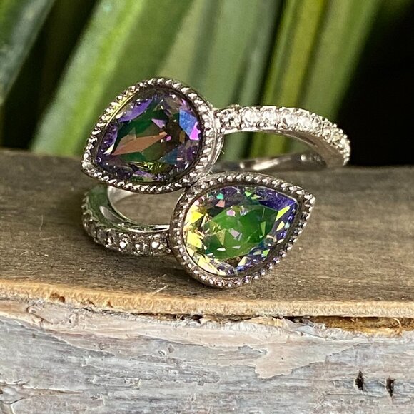 Mystic Topaz 925 Sterling Twin Pear Shape Ring Sz 5.5​​​​​​ - Picture 1 of 15